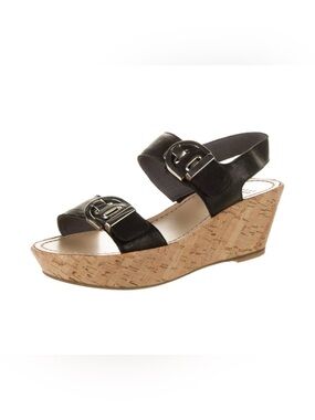Stuart Weitzman Black Cork Wedge Sandals with Buckle Straps